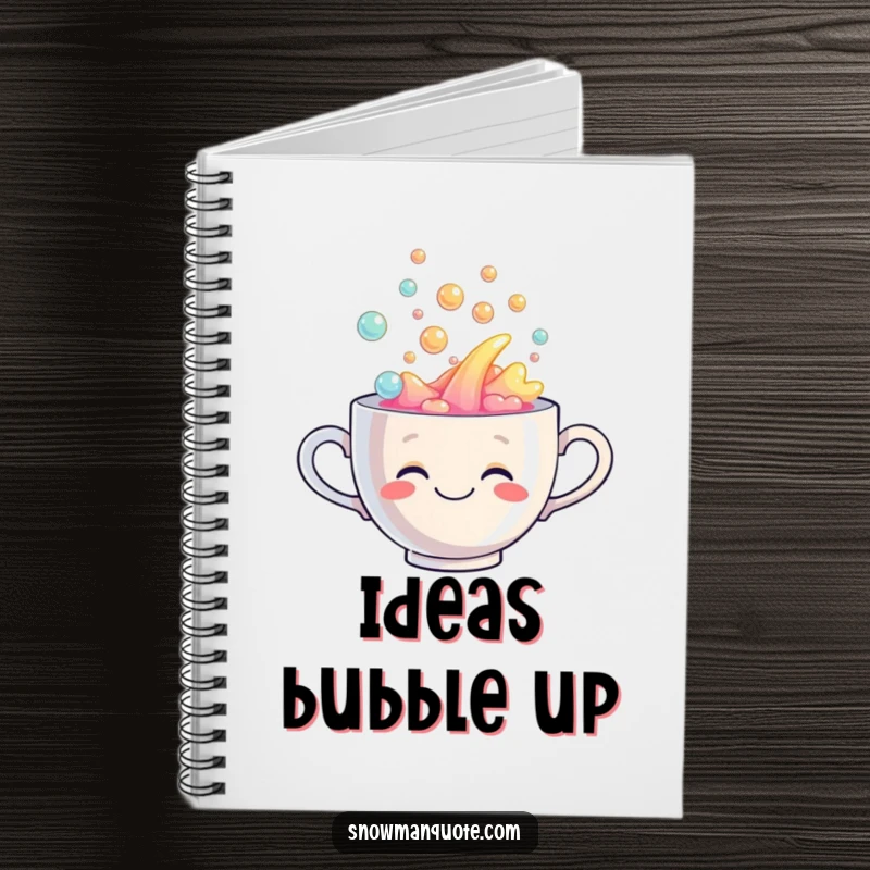 Funny notebook with a smiling teacup overflowing with a bubbly rainbow liquid, perfect for creative writing and notes.