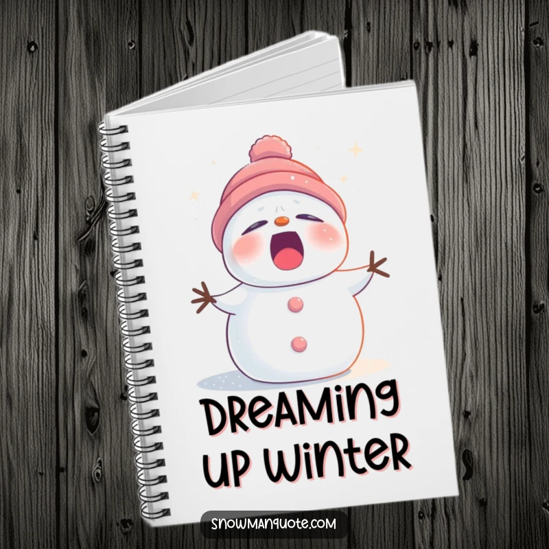 Funny sleepy snowman notebook dusted with twinkling stardust, yawning, ideal for journalling or note-taking with a touch of winter humor.