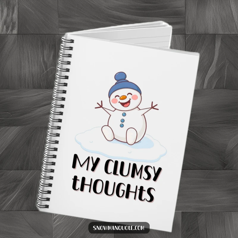Funny notebook with a snowman comically slipping on ice, ideal for jotting down funny memories.
