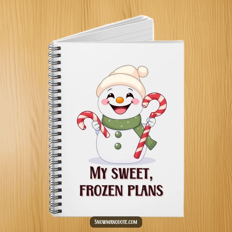 Funny notebook cover with a snowman sporting a wide grin and offering a festive candy cane.