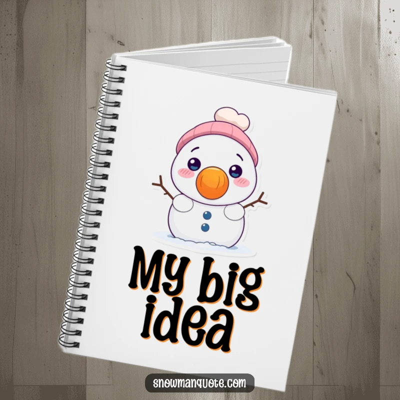 Funny notebook with a shy snowman peeking from behind a giant carrot nose, perfect for jotting down winter thoughts.
