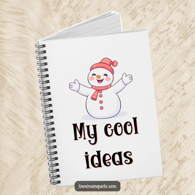 Funny snowman with outstretched arms joyfully hugging falling snowflakes, featured on the cover of a humorous winter-themed notebook.