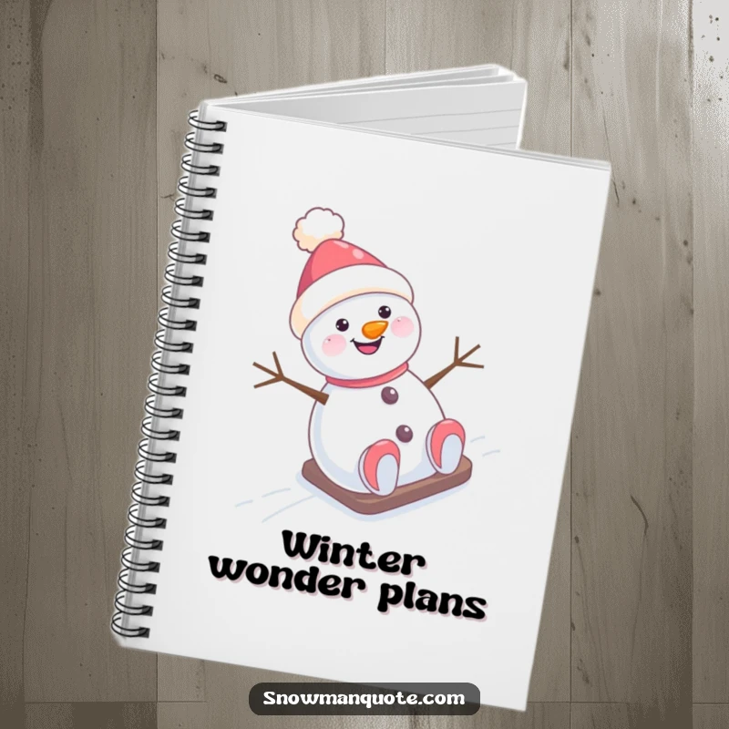Funny Notebook: A cheerful snowman with a hat askew joyfully slides down a snowy hill, perfect for capturing creative thoughts.