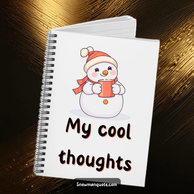 Funny snowman notebook with a happy snowman holding a steaming mug, ideal for journaling and creative notes.