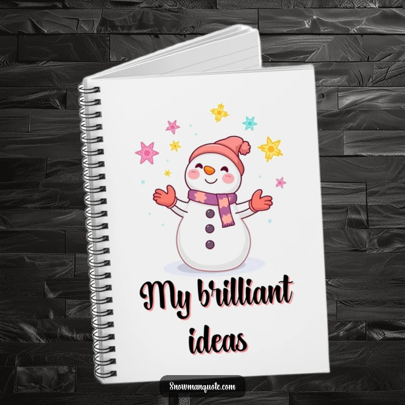 Funny notebook with a smiling snowman juggling colorful snowflakes, perfect for jotting down winter thoughts and ideas.