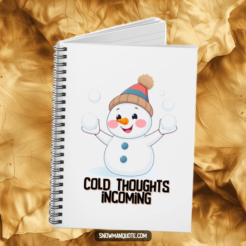 Funny snowman juggling notebook, smiling with a carrot nose, ready for winter notes, great for a funny gift.