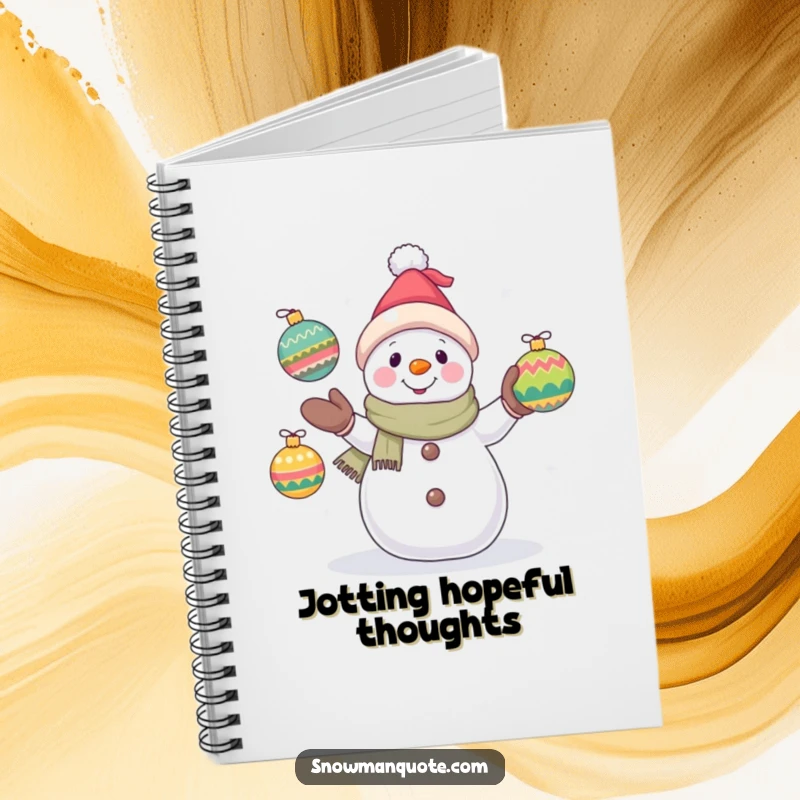 Funny snowman notebook featuring a hopeful snowman juggling ornaments, ideal for writing, planning, and inspiring winter creativity.