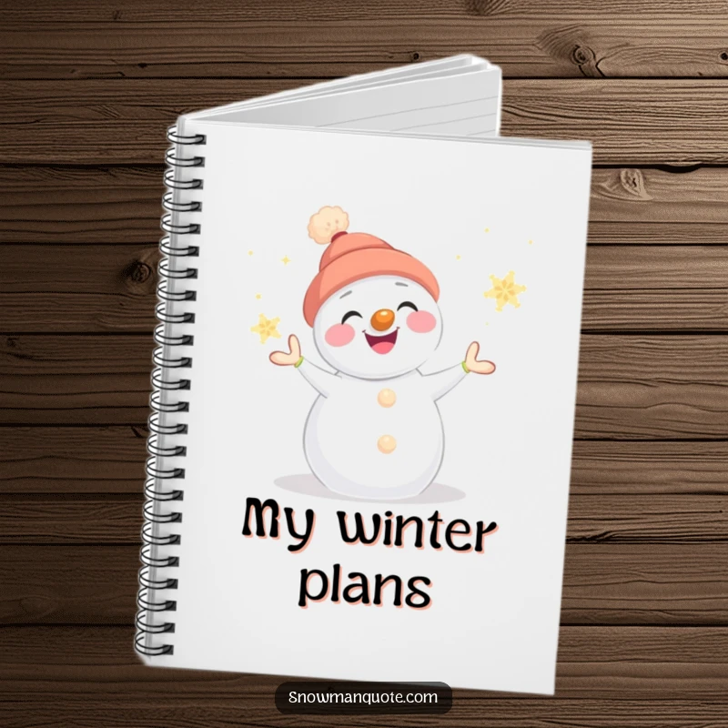 Funny snowman notebook depicting a smiling snowman juggling glowing snowflakes, its carrot nose adding charm, perfect for notes.