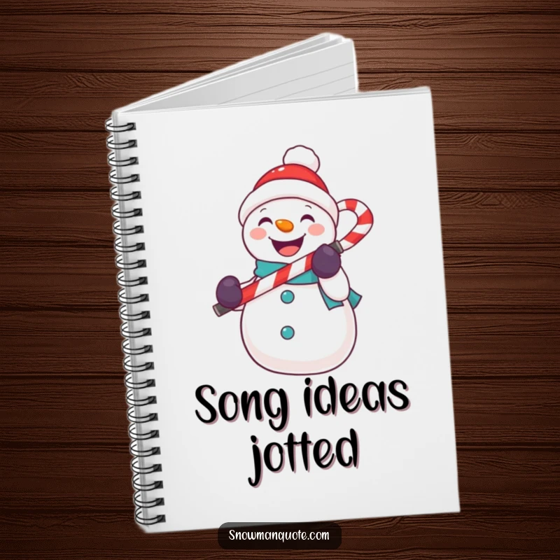 Funny snowman notebook with a snowman holding a candy cane like a microphone, perfect for writing.