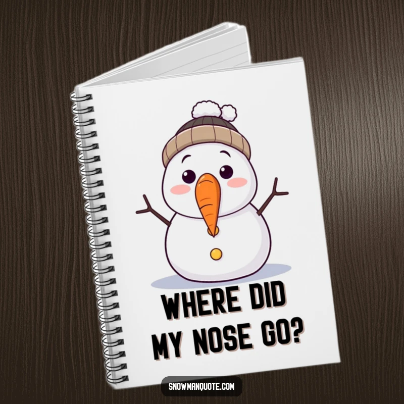 Funny notebook cover showing a surprised snowman losing its carrot nose mid-fall. Perfect for jotting down notes with a dose of winter humor.