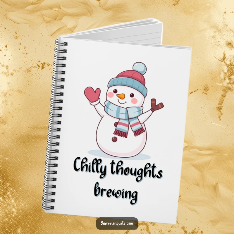 Funny snowman with a jaunty scarf waving hello, shown on a notebook cover for note-taking and creativity.