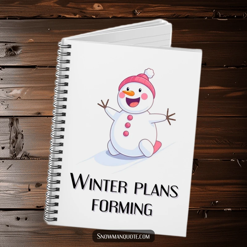 Funny cheerful snowman rolling energetically down a snowy hill, a cute and humorous journal.