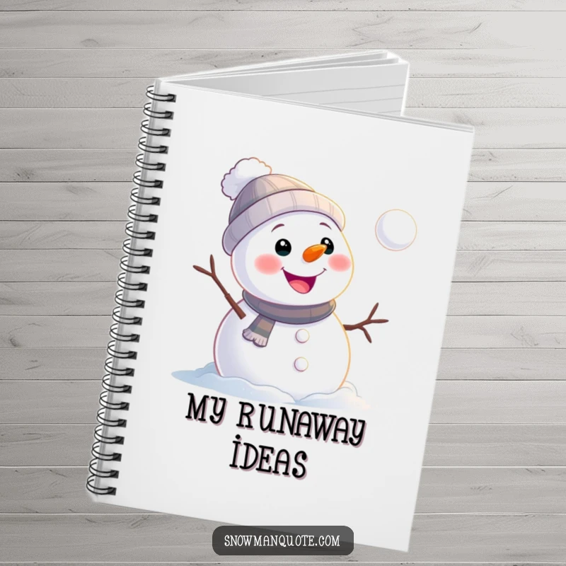 Funny snowman notebook featuring a cheerful snowman watching a snowball roll away, ideal for writing and inspiring winter creativity.