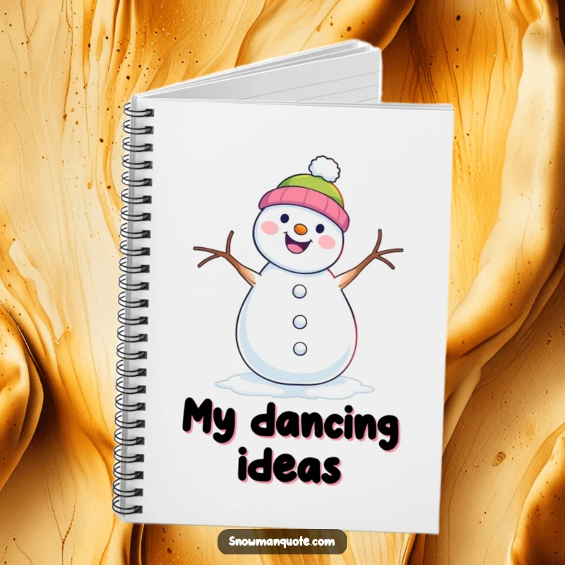 Funny notebook cover with a snowman doing a lively shimmy dance with its twig arms.