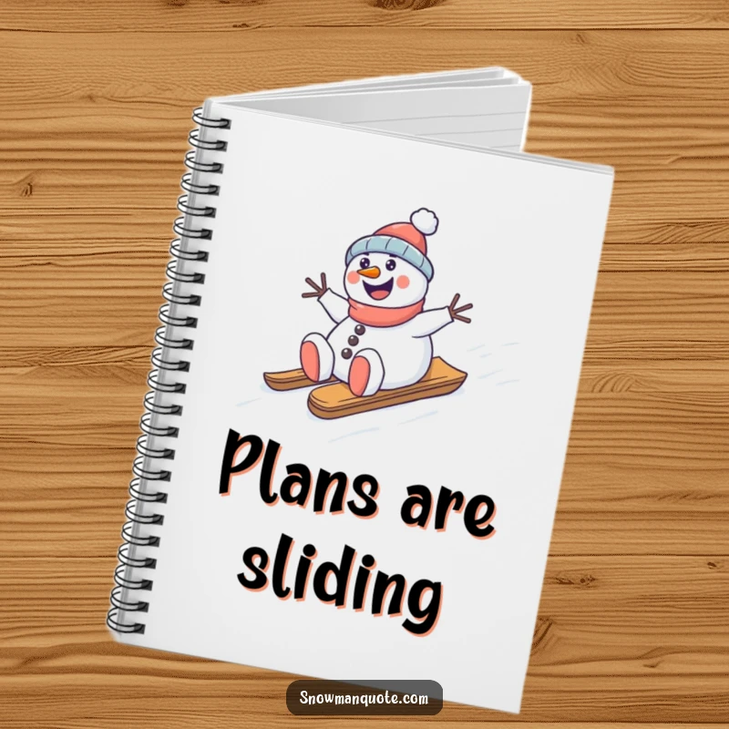 Funny snowman sledding notebook, happily sliding down a snowy hill, ready for notes on winter fun, great gift.