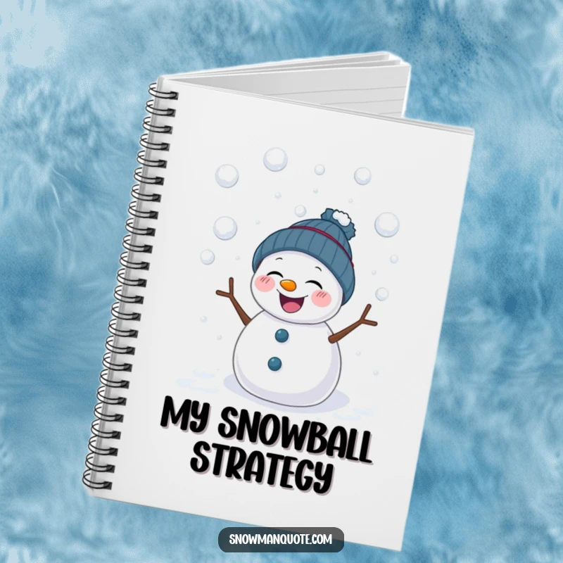 Funny notebook cover showing a giggling snowman being playfully hit by snowballs. Ideal for journaling, note-taking, and capturing winter memories.