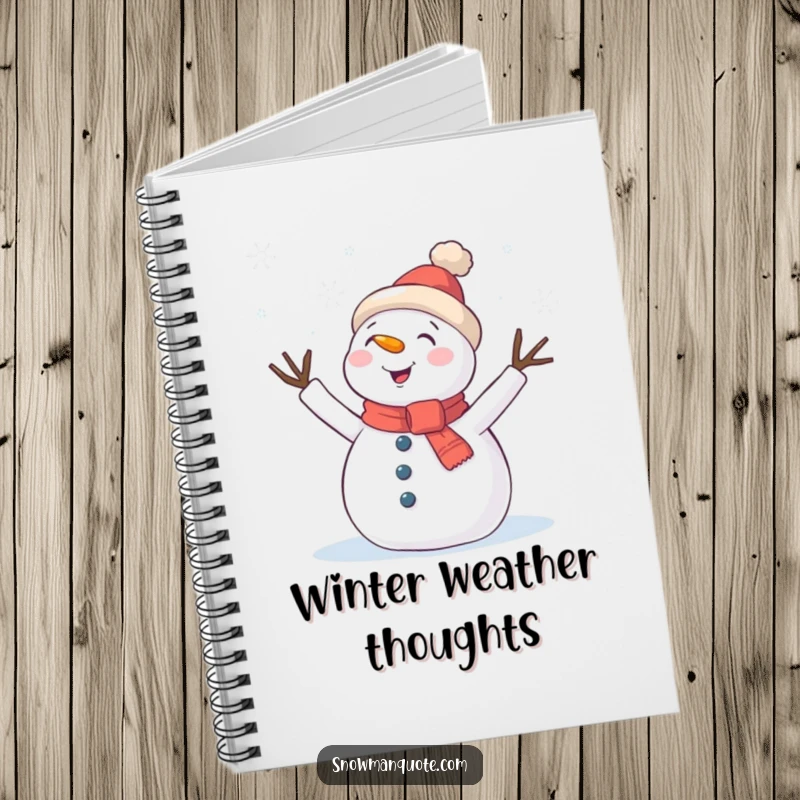 Funny Notebook: A snowman with twig arms waving enthusiastically at falling snowflakes, ideal for capturing winter ideas.