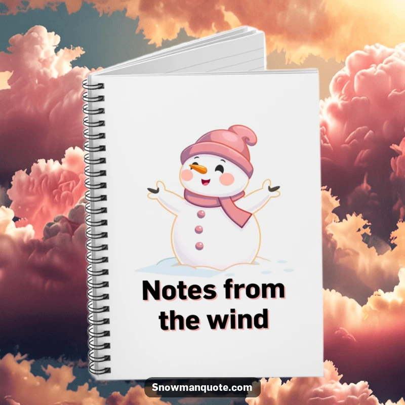 Funny snowman notebook featuring a snowman caught in a gentle wind gust with arms aflutter, ideal for writing and winter creativity.