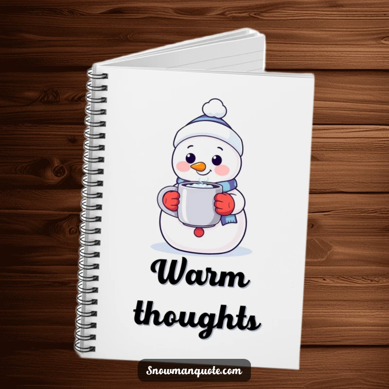 Funny notebook illustrated with a smiling snowman offering a steaming mug, ideal for jotting down warm thoughts and memories.