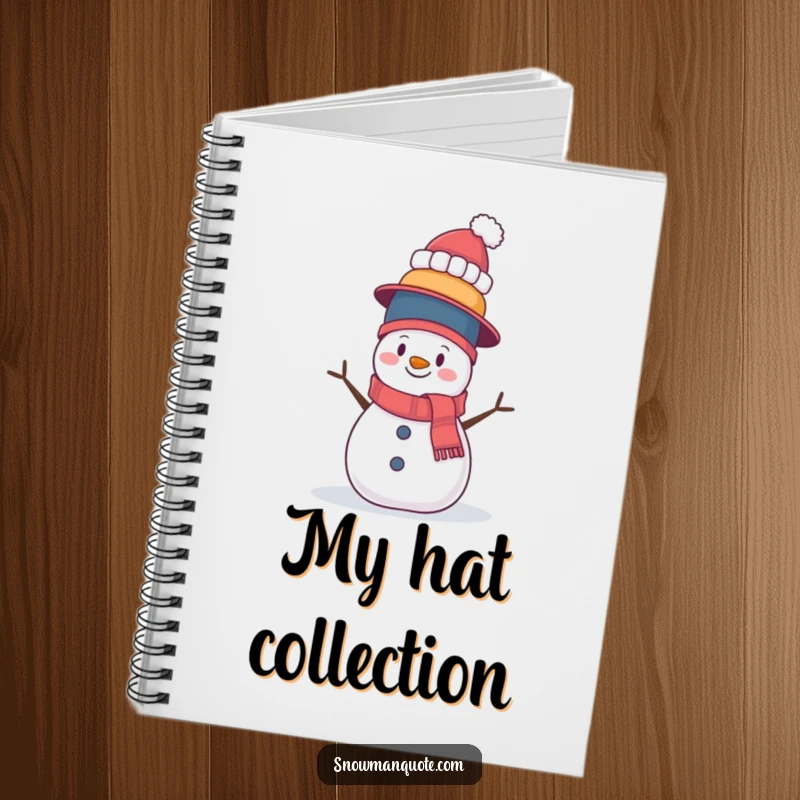 Funny notebook cover showing a wobbly snowman balancing a tall stack of hats. Perfect for notes, journaling, and reflecting on life's challenges.