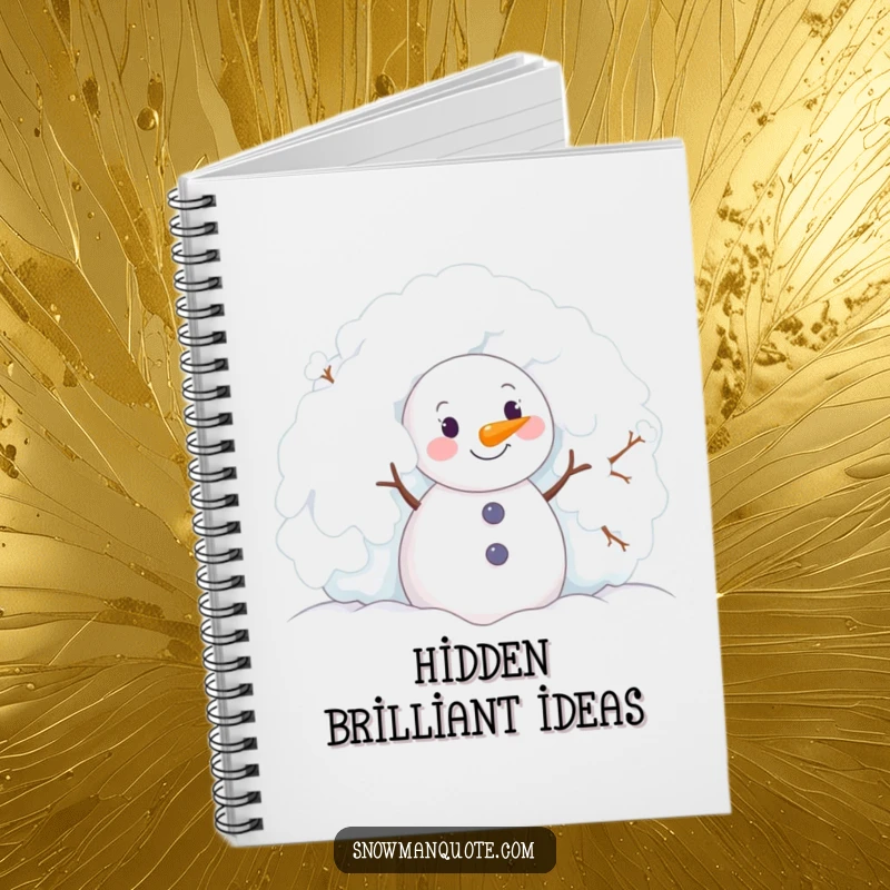 Funny snowman joyfully peeking from behind a snowy bush, depicted on a notebook cover for creativity.