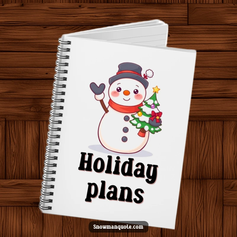 Funny Proud Snowman Tree Notebook with a beaming snowman proudly presenting a small, decorated Christmas tree.