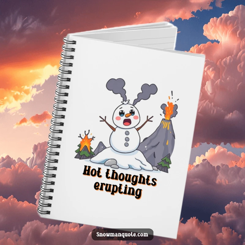 Funny snowman notebook, surprised and leaping from a volcano, inspiring daring and humorous journal entries.