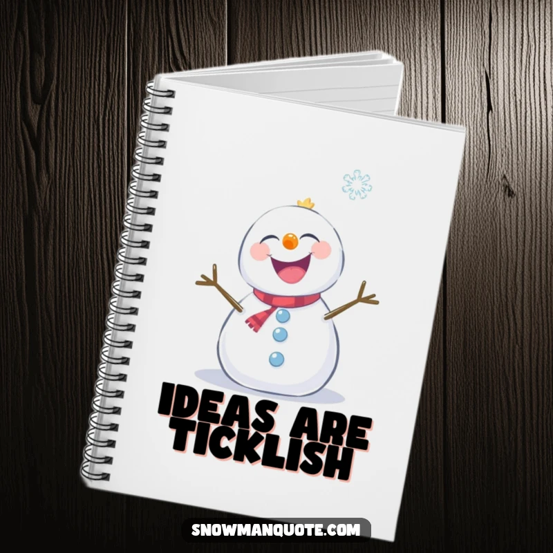 Funny snowman giggling while being tickled by snowflakes, depicted on a notebook cover for creative writing.