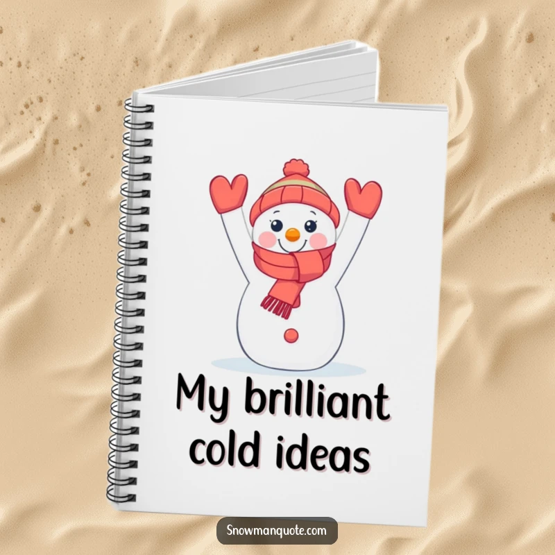 Funny notebook with a cheerful snowman holding a colorful scarf, ideal for jotting down winter inspirations.