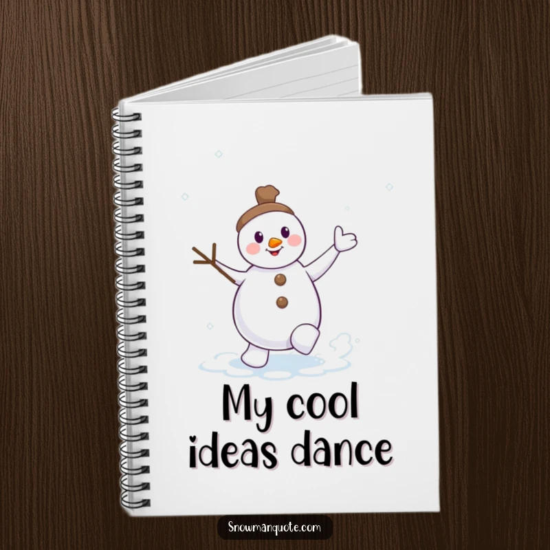 Funny dancing snowman notebook, twig arms waving, kicking up a snow swirl, ideal for journaling or note-taking with wintery fun.