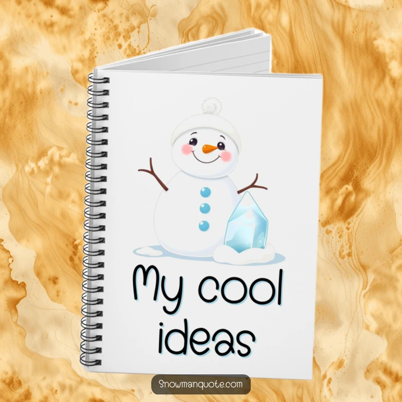 Funny snowman notebook with a happy snowman and a small ice sculpture, ideal for writing, drawing, and planning.