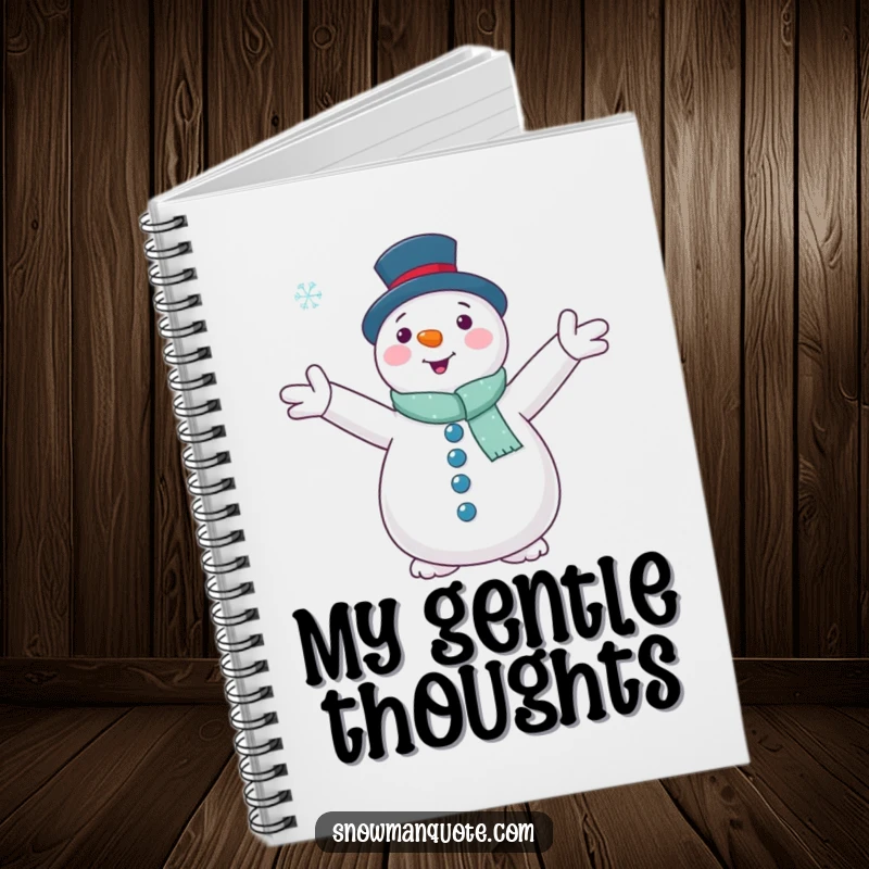 Funny snowman with outstretched arms embracing a falling snowflake, on a notebook cover, perfect for journaling peaceful thoughts.