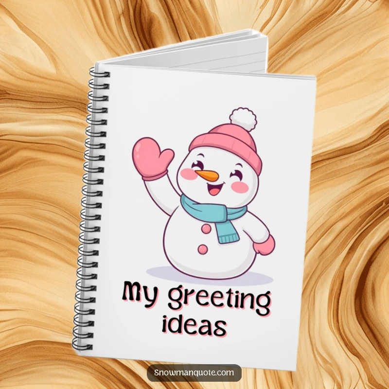Funny notebook with a cheerful snowman waving hello with its mitten, ideal for jotting friendly notes.