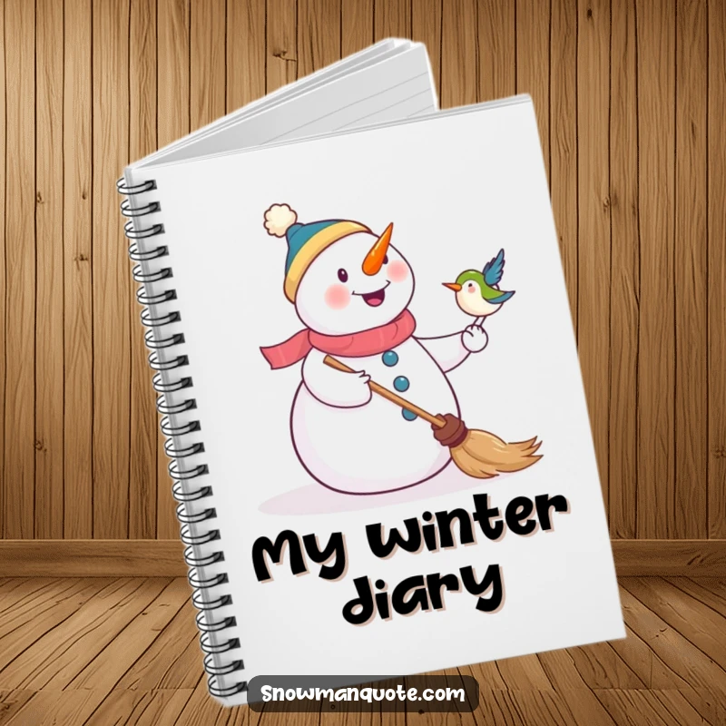 Funny notebook cover with a snowman delighted by a bird on its broom, perfect for writing and sketching.