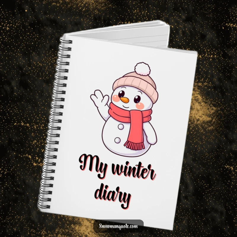 Funny Notebook: A snowman with a scarf waves hello, its button eye conveying a friendly and welcoming expression.