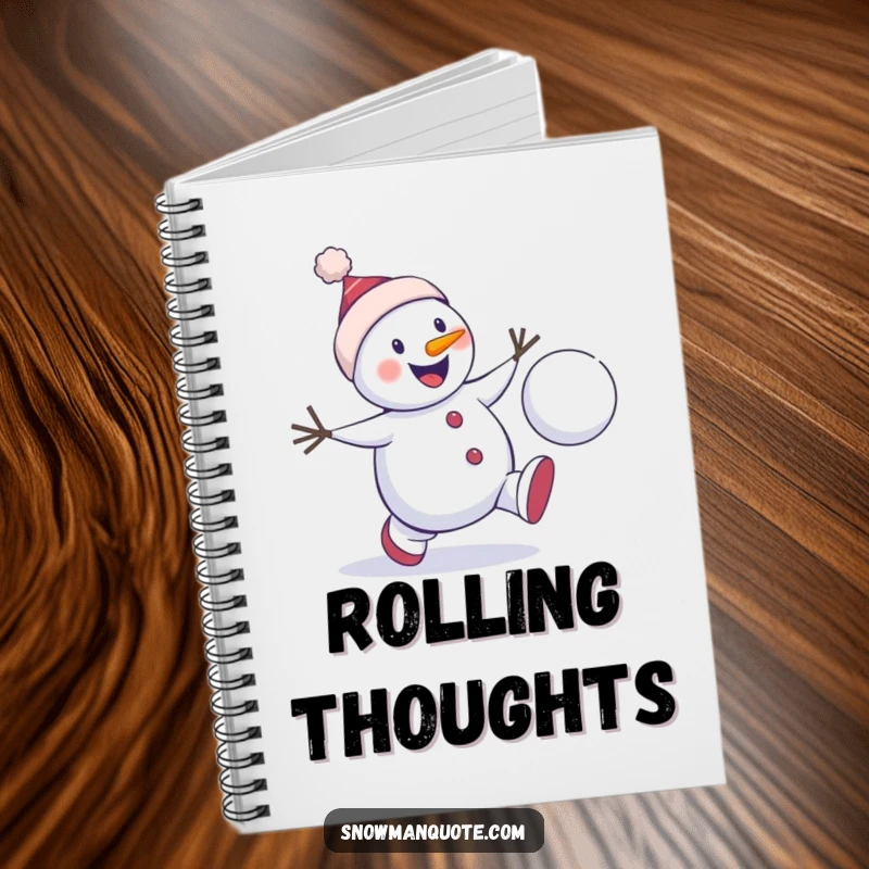 Funny snowman chase notebook featuring a winter character enthusiastically chasing a bouncing snowball, ideal for writing notes with humorous winter play.
