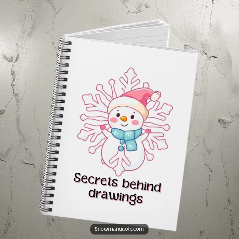 Funny snowman peeking notebook, shyly observing from behind a giant snowflake, ready for mysterious notes, great gift.