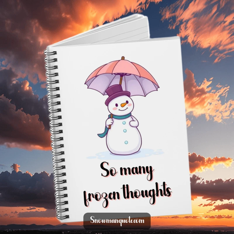 Funny notebook cover showing a snowman comically fighting to keep a large umbrella from blowing away in the wind.