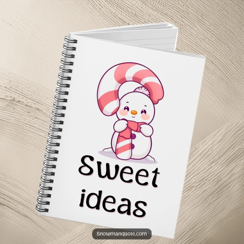 Funny Shy Snowman Candy Cane Notebook with a timid snowman peeking from behind a large, sparkling candy cane.
