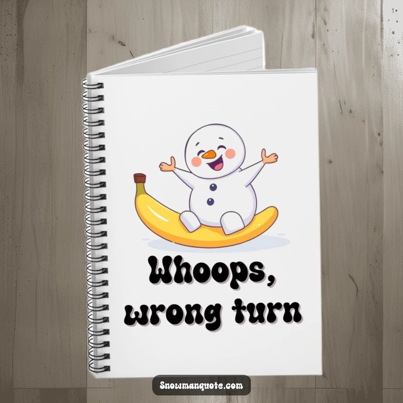 Funny notebook with a snowman comically slipping on a banana peel, perfect for jotting down funny thoughts.