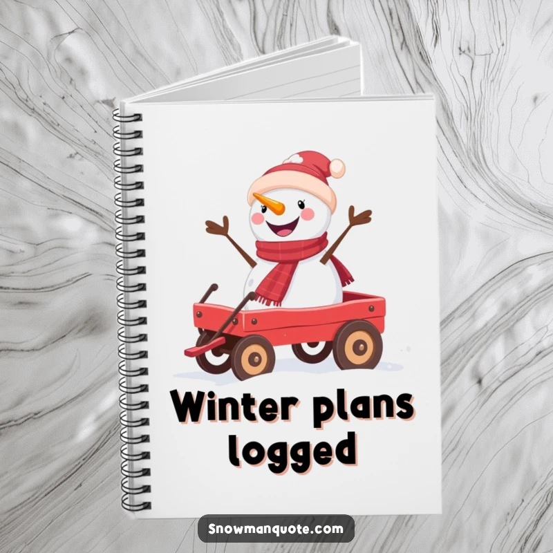 Funny snowman notebook with a joyful snowman riding in a red wagon, perfect for writing and drawing.
