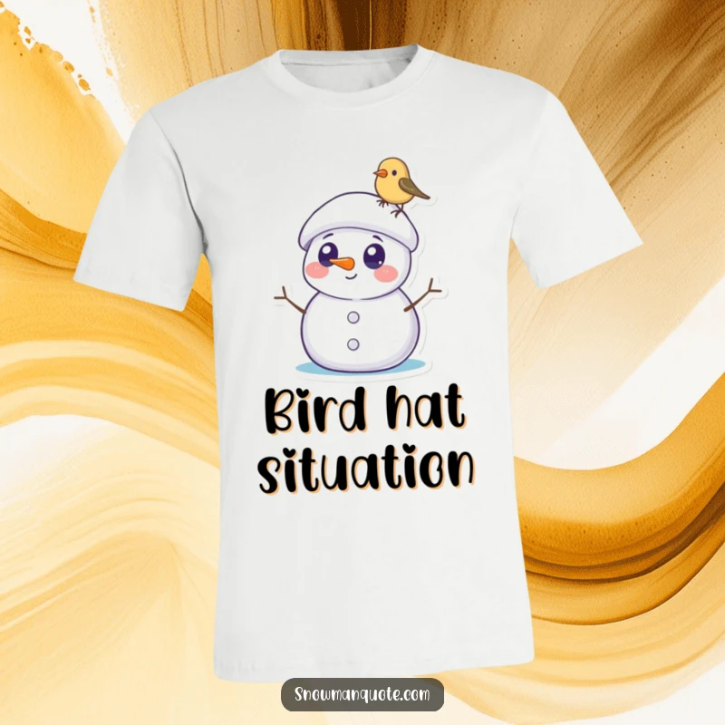 Funny Snowman T-Shirt: A surprised snowman with big round eyes looks up at a tiny bird perched playfully on its hat, a moment of wonder.