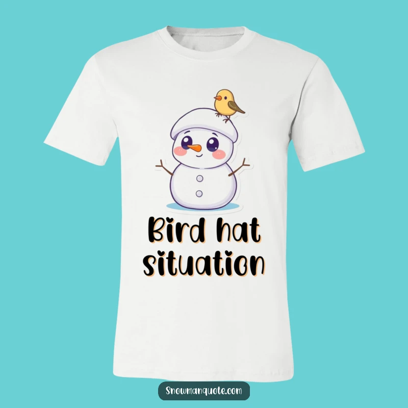 Funny Snowman Bird T-Shirt: Surprised Winter Pal & Tiny Visitor, Comical Tee, Funny Gift