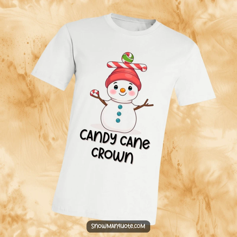 Funny T-Shirt featuring a clever snowman skillfully balancing three bright, colorful candy canes atop its head during the holidays.