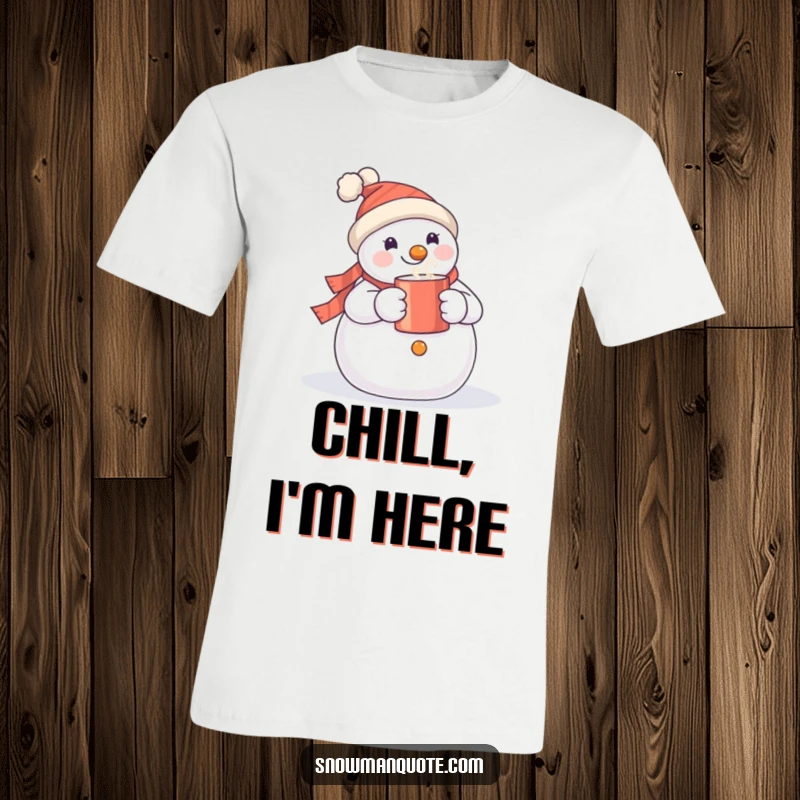 Funny snowman t-shirt showing a happy snowman clutching a warm mug, great for winter humor and gifting.