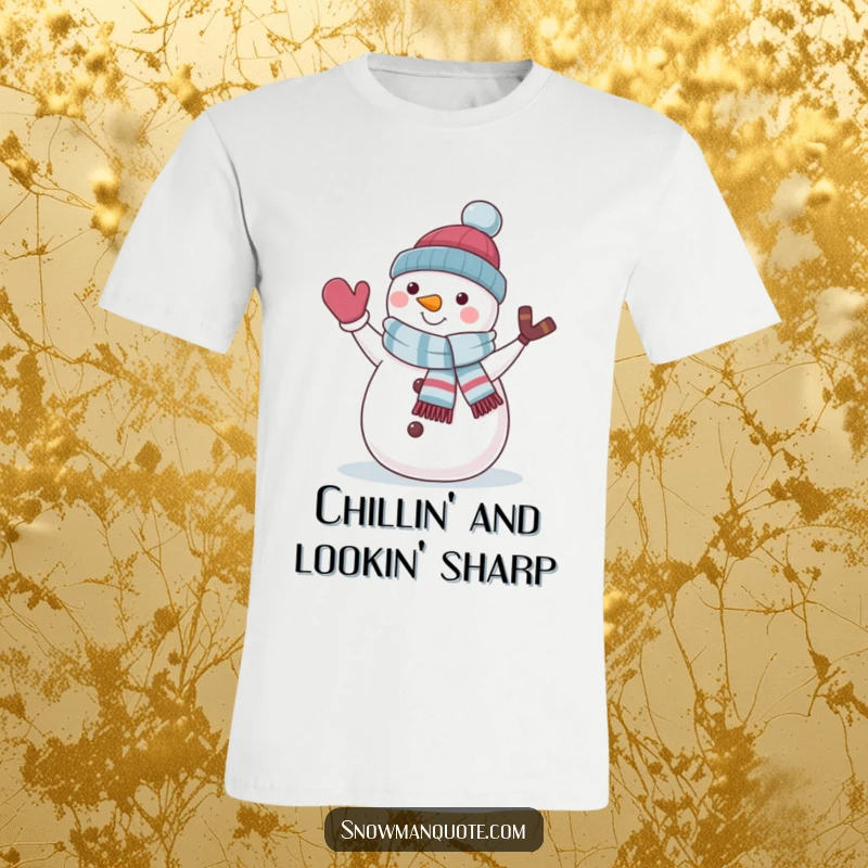 Funny snowman in a jaunty scarf waving hello on a t-shirt, embodying winter fun and laughter.