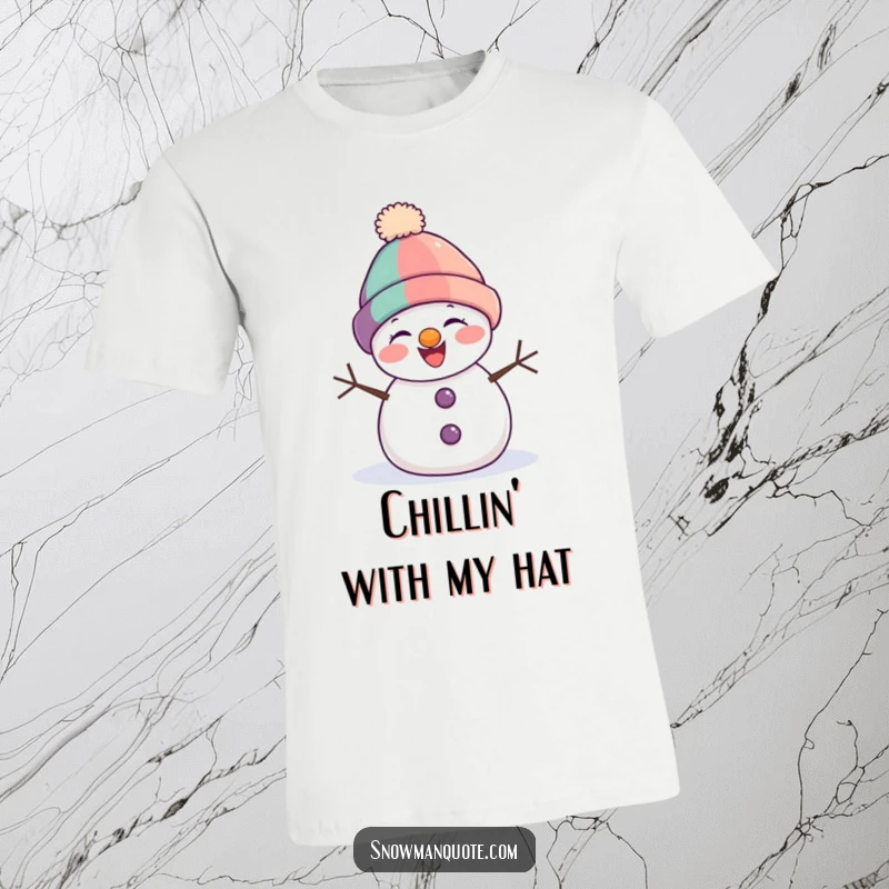 Funny snowman t-shirt showcasing a delighted snowman with a tilted hat, joyfully giggling in a winter scene.