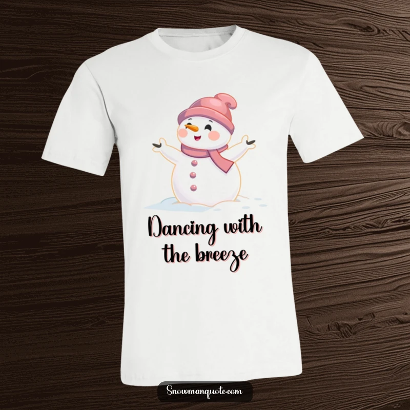 Funny snowman t-shirt featuring a snowman caught in a gentle wind gust with arms aflutter, embodying humorous winter fun.