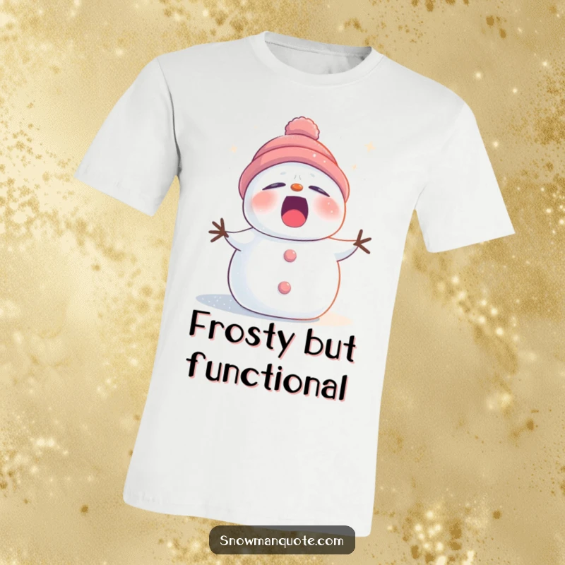 Funny sleepy snowman t-shirt covered in twinkling stardust, yawning widely, perfect for expressing comfort and a love for winter.