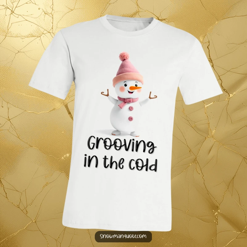 Funny t-shirt graphic of a snowman in a funny hat doing a lively dance, celebrating winter festivities and movement.